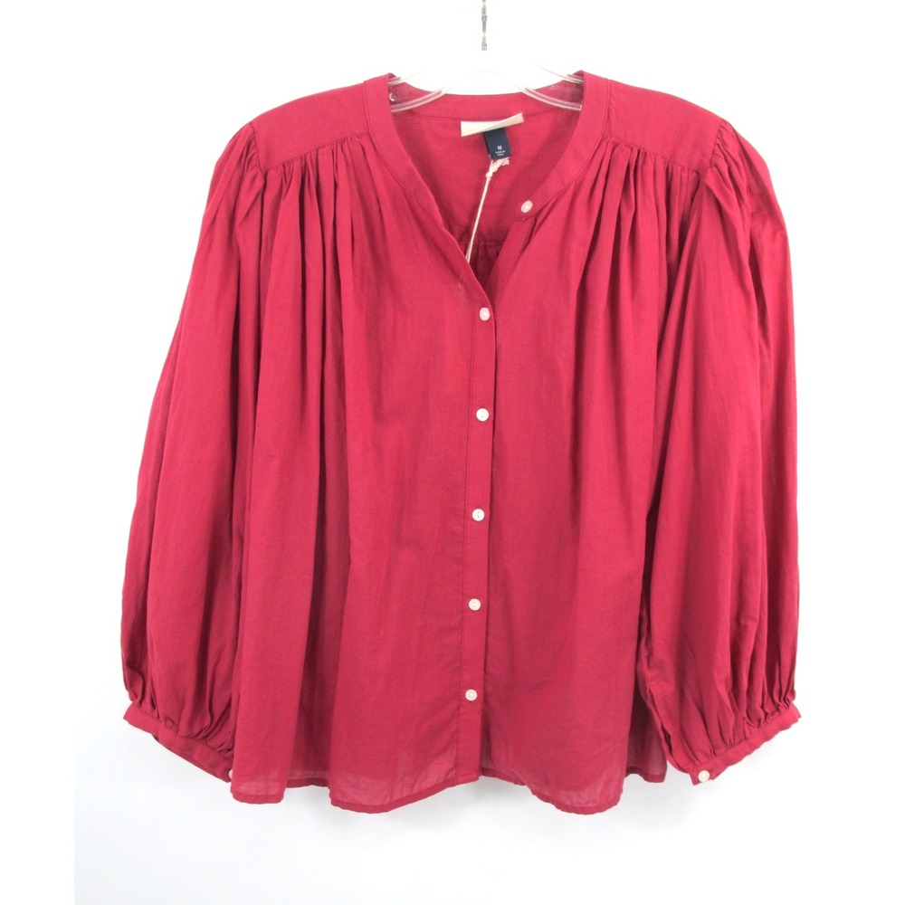 Universal Thread Red Button Up Peasant Blouse Medium Puff Sleeve Boho Cotton